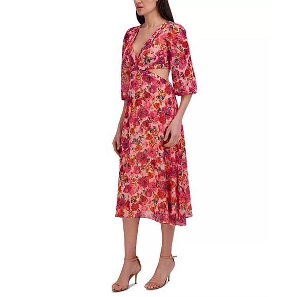 Julia Jordan Pink Floral V-Neck 3/4‎ Sleeve Cut-Out Midi Dress Size 12 NWT - Picture 3 of 14